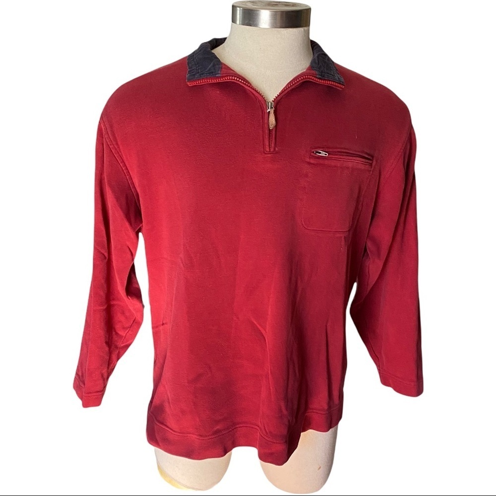 Austin Reed London Red w Navy Corduroy Collar 1/4 Zip Heavy Pullover Sweater Lrg